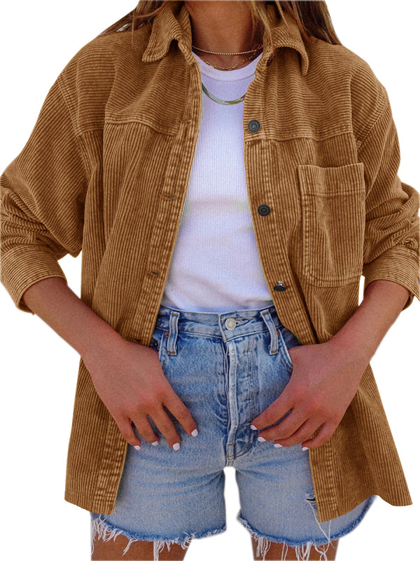 Women's Spring Autumn Solid Color Corduroy Buttoned Pocket Coats