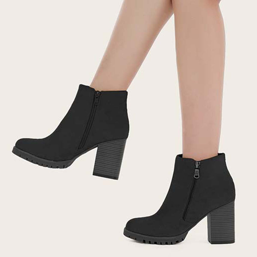 Black Chunky Heel Booties Round Toe Side Zip Ankle Boots