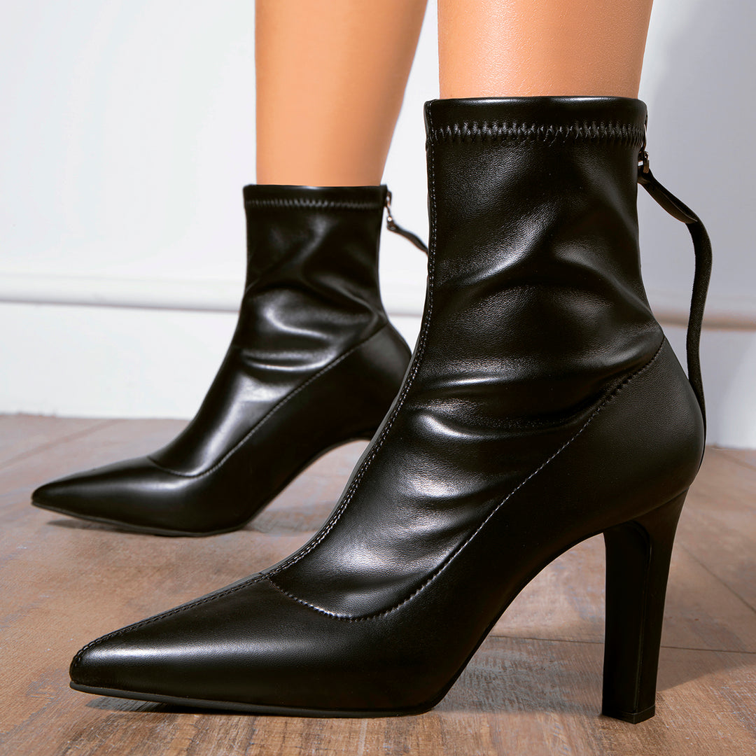 Pointed Toe Chunky High Heel Ankle Boots Back Zipper Booties