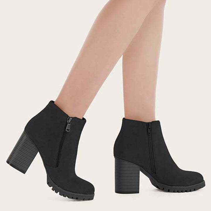 Black Chunky Heel Booties Round Toe Side Zip Ankle Boots