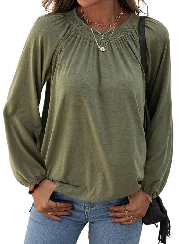 Womens Long Sleeve Shirts Crewneck Smocked Pleated Pullover Tops