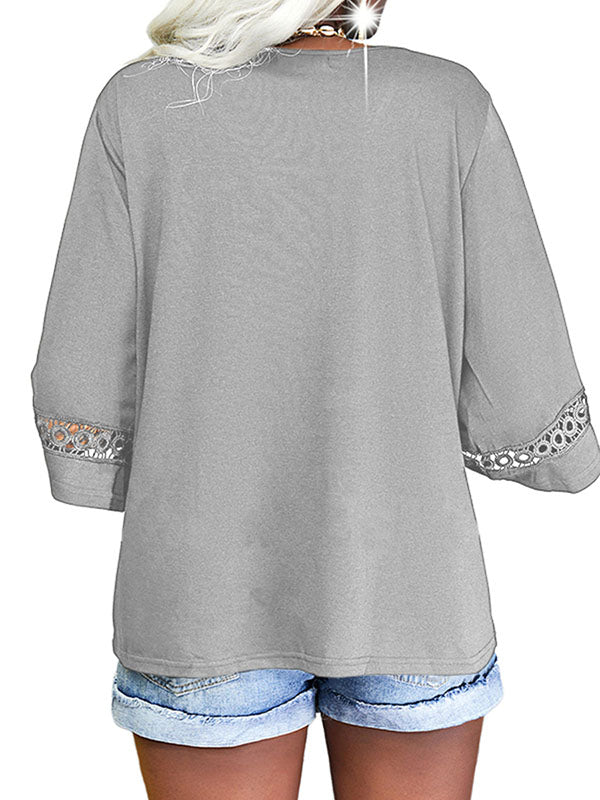 Women Deep V-Neck Casual Tunics Three-Quarter Flared Sleeve Tops Solid Hollow Shirt