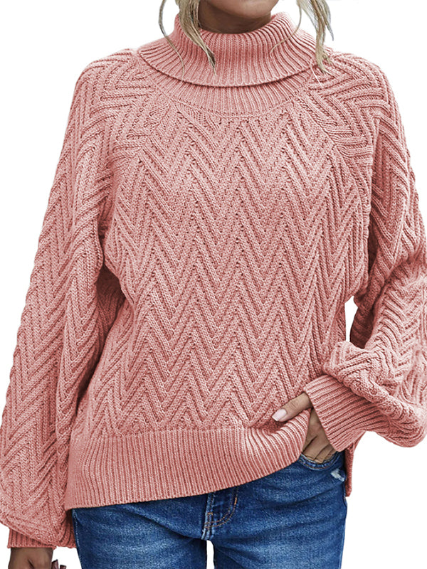 Women Long Lantern Sleeve Knit Sweater Turtleneck Loose Pullover Jumper Tops
