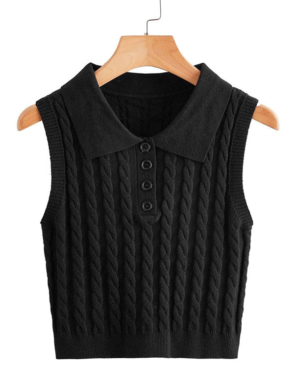 Women Lapel Neck Cable Knit Sweater Vest Sleeveless Casual Pullover Knitwear