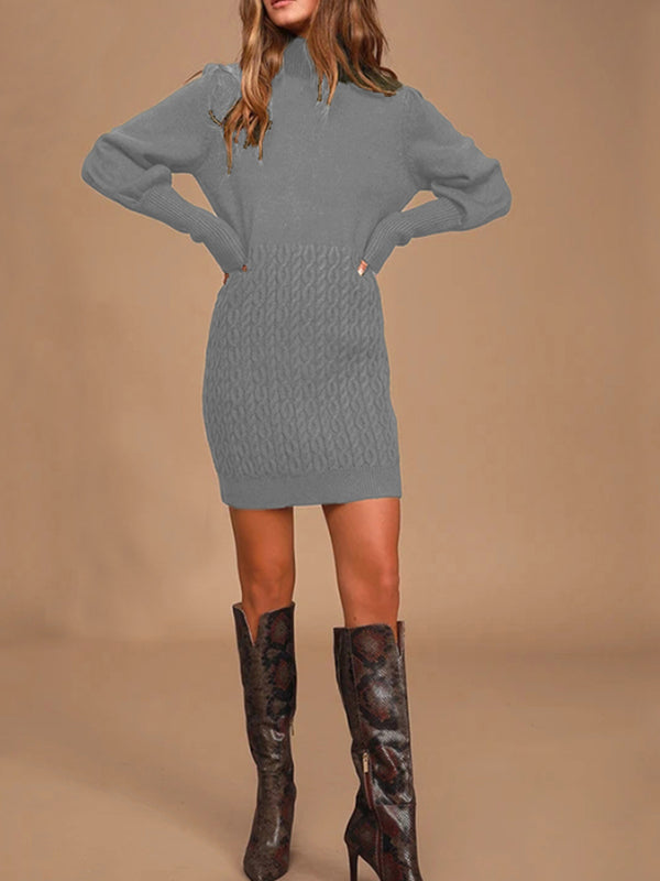 Women Turtleneck Long Lantern Sleeve Knit Chunky Pullover Fall Winter Sweater Dress