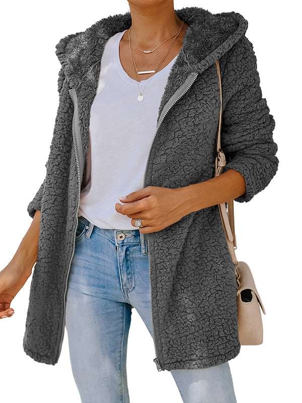 Women Fuzzy Fleece Open Front Hooded Cardigan Jackets Loose Coat