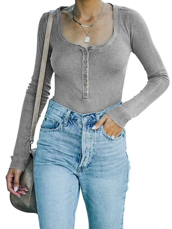 Women Long Sleeve Shirts Henley Top Button Down Blouses Basic Ribbed Knit T Shirts