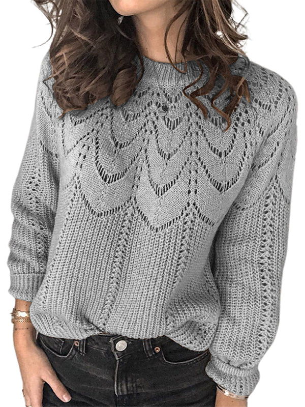 Women Crewneck Long Sleeve Hollow Out Knit Sweater Loose Pullover Jumper Tops