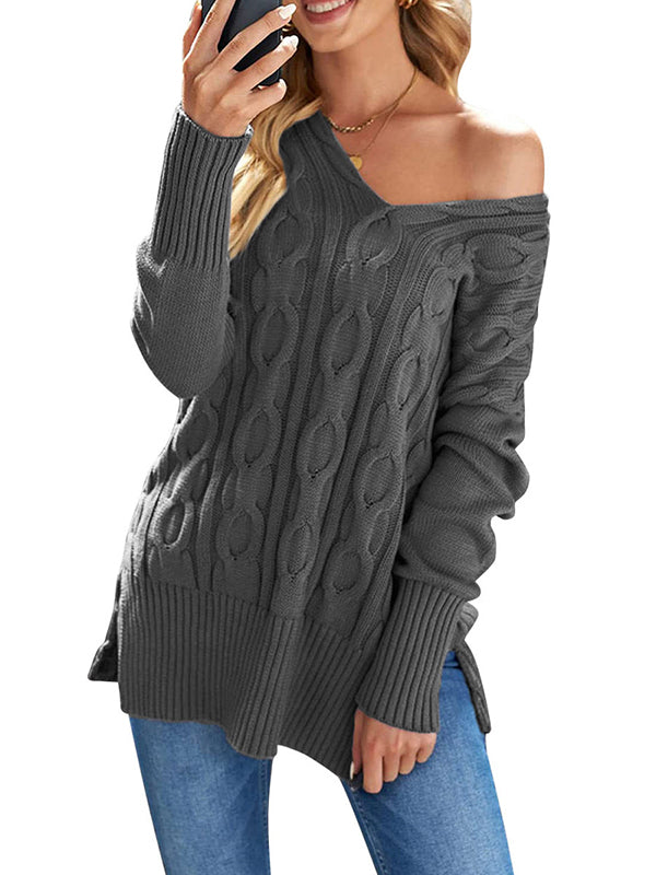 Women V Neck Long Sleeve Sweaters Loose Cable Knit Pullover Sweater