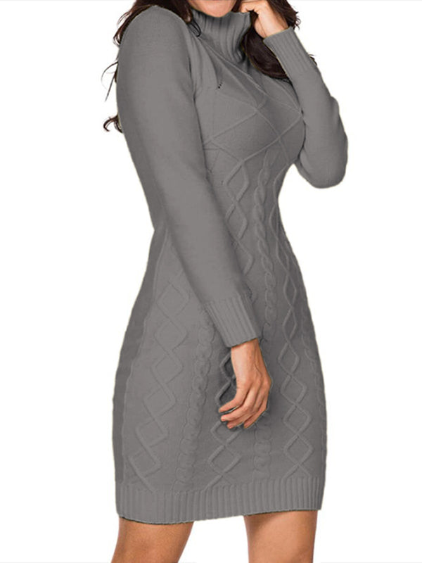 Women Turtleneck Long Sleeve Knit Pullover Sweater Bodycon Mini Dress