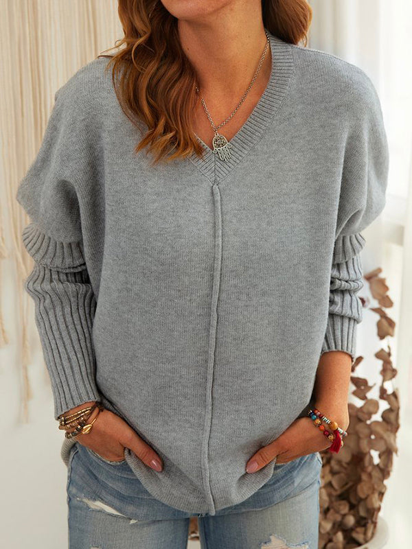 Womens V Neck Knit Sweaters Long Sleeve Loose Jumper Pullover Tops