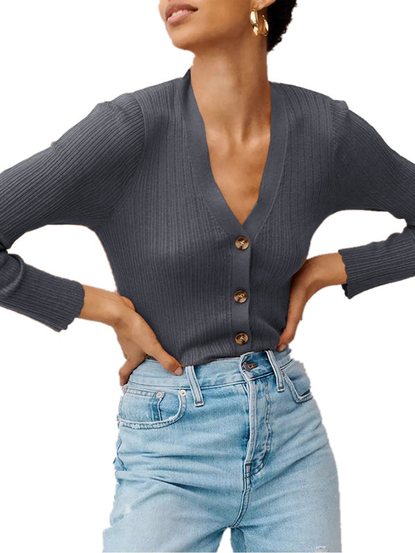Women Long Sleeve Deep V Neck Ribbed Button Knit Sweater Solid Color Tops