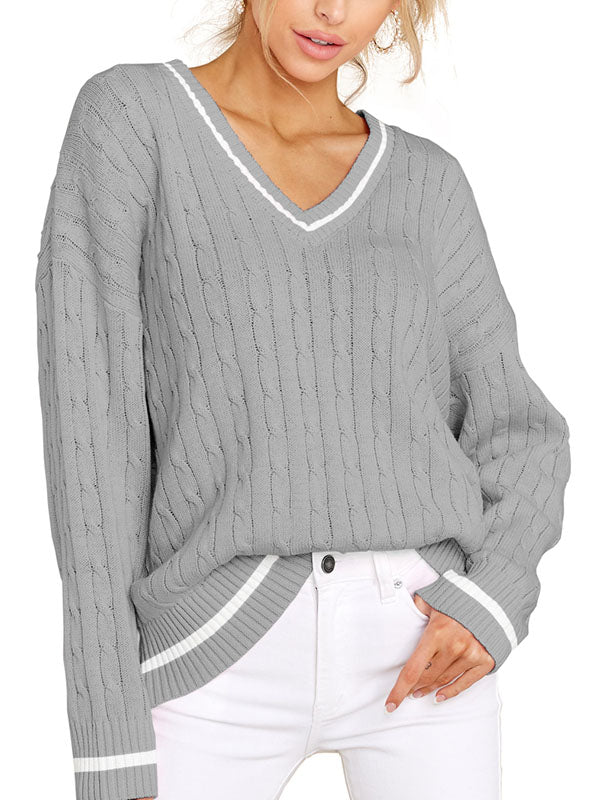 Women's V Neck Sweater Long Sleeve Oversized Cotton Knit Pullover Sweaters