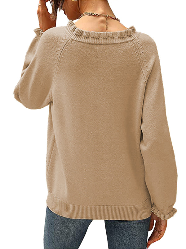 Women Long Sleeve Sweaters Button Down Crew Neck Ruffle Knit Pullover Tops