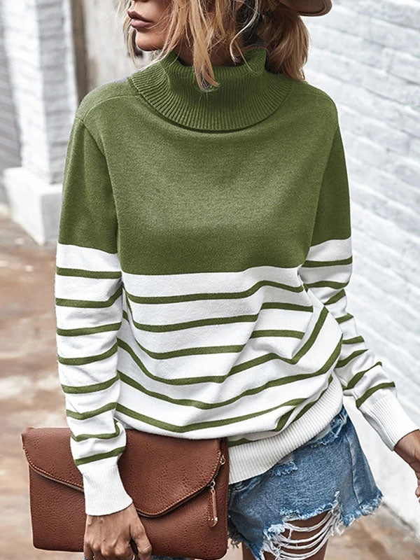 Women Turtleneck Stripe Long Sleeve Loose Sweaters Knit Pullover Tops