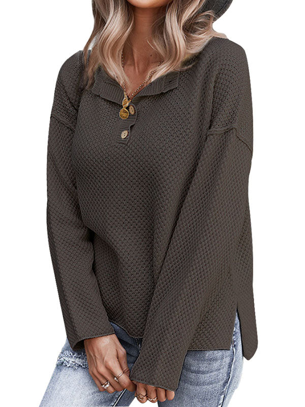 Women Waffle Knit V Neck Sweater Long Sleeve Side Slit Button Pullover Jumper Top