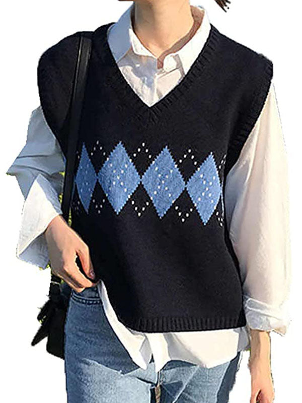 Women V Neck Knit Sweater Vest Argyle Plaid Preppy Style Sleeveless Crop Knitwear Tank