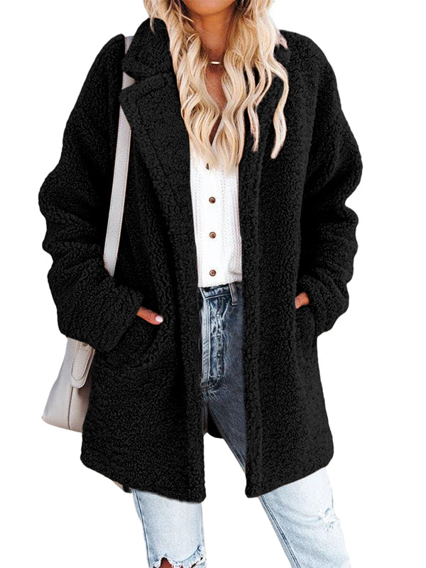 Women Lapel Collar Fuzzy Fleece Coat Solid Open Front Warm Fur Jacket Outerwear