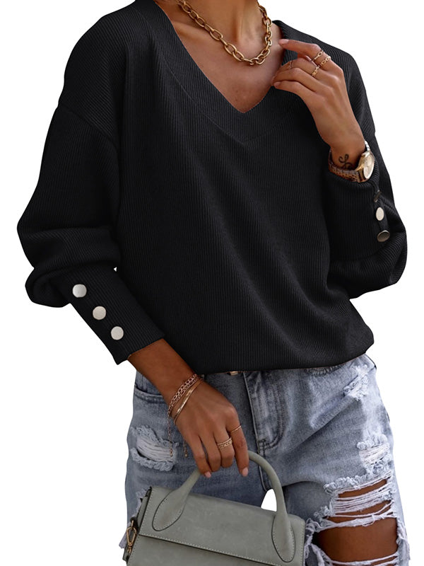 Women Long Sleeve V Neck Sweater Solid Color Knit Casual Relaxed Fit Pullover Jumper