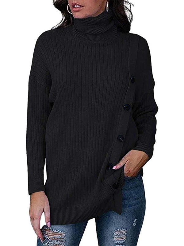 Women Turtleneck Knit Pullover Sweater Long Sleeve Button Decor Jumper Tops