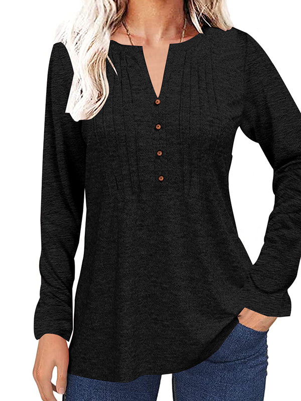 Women Long Sleeve Henley V Neck Pleated Tops Casual Flare Tunic Blouse Shirt