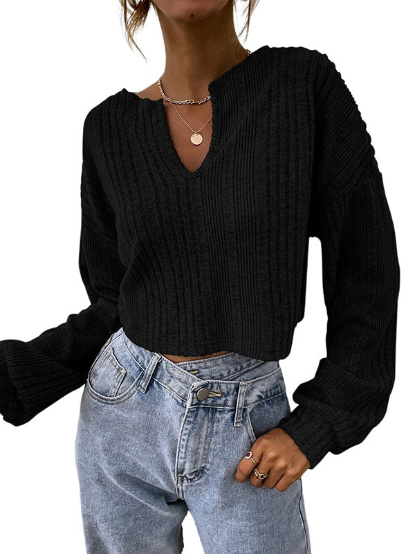 Women Long Sleeve Ribbed Crop Top Sweatshirt V Neck Casual Solid T Shirt