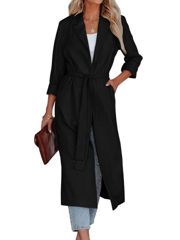 Women Lapel Open Front Windbreaker Long Trench Coat Lightweight Slim Overcoat Outwear
