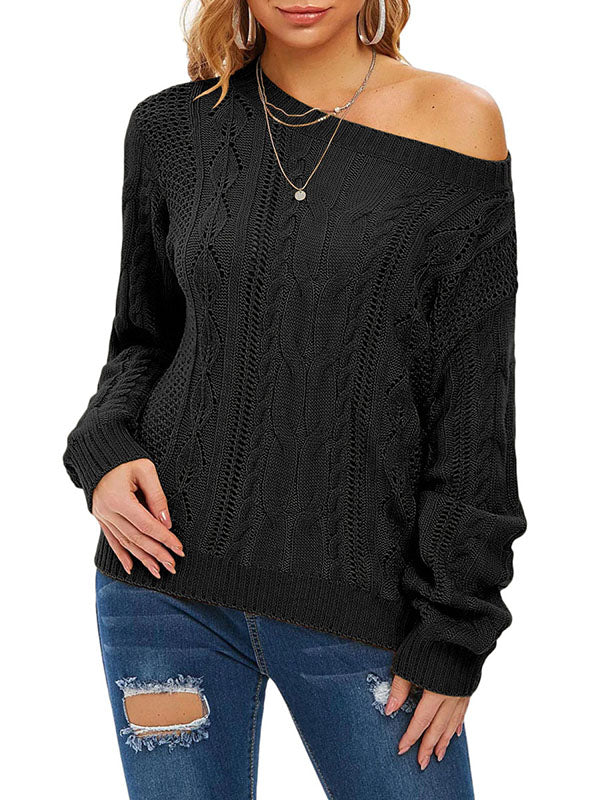 Women Crochet Hollow Out Crewneck Long Sleeve Knit Sweaters Pullover Jumper Tops