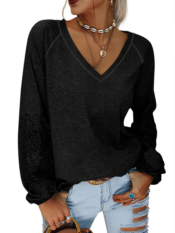 Womens V Neck Sweatshirt Hollow Out Embroidered Long Sleeve Pullover Tops