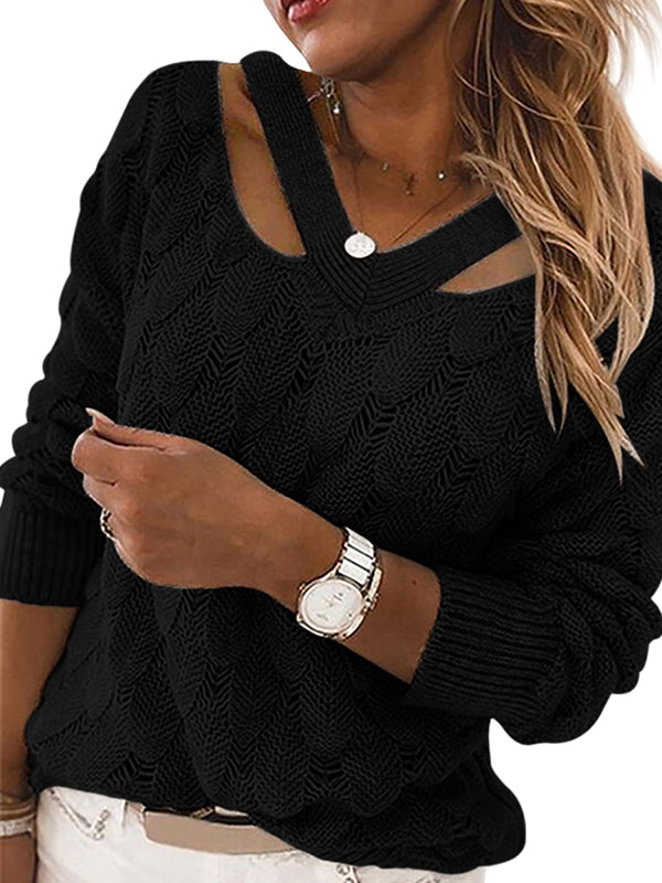 Women V Neck Sweaters Hollow Out Long Sleeve Casual Knit Pullover Jumper Tops
