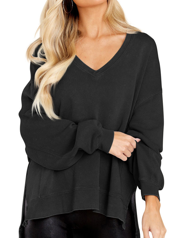 Women V Neck Oversized Side Slit Batwing Sleeve Sweatshirts Long Sleeve Pullover Tops