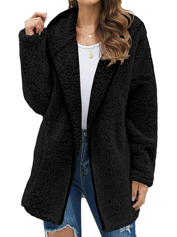 Women Long Sleeve Solid Fuzzy Fleece Jacket Open Front Hooded Cardigan Coat