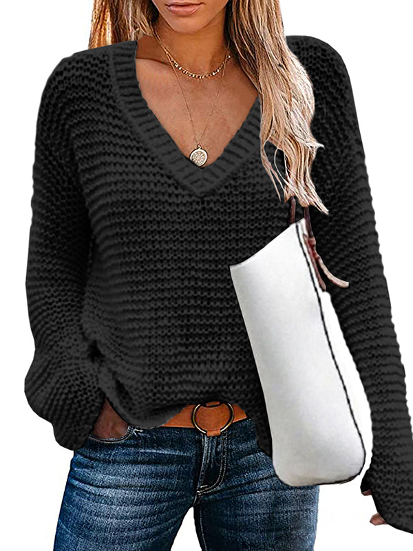 Women Deep V Neck Long Sleeve Cable Knit Sweater Loose Jumper Tunic Pullover Tops