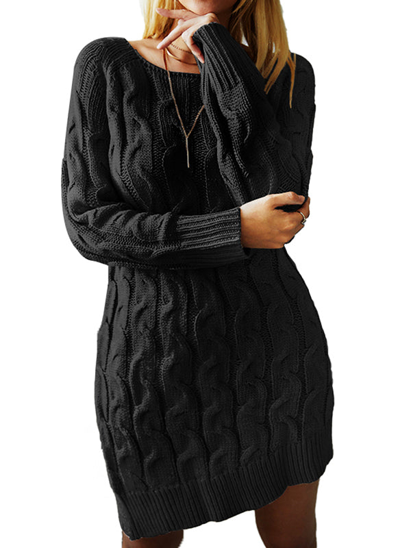 Women Crewneck Long Sleeve Cable Knit Chunky Pullover Fall Winter Sweater Dress
