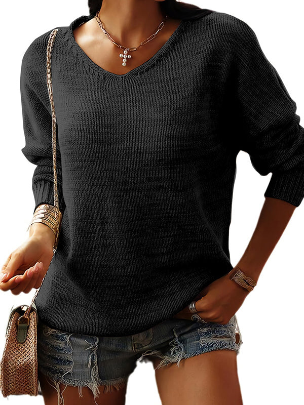 Women V Neck Loose Ribbed Knit Sweater Long Sleeve Pullover Tops