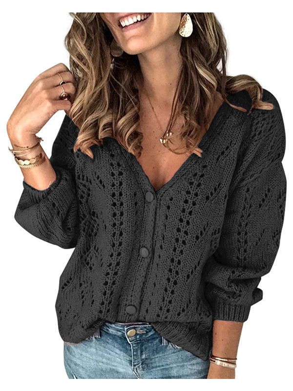 Women V Neck Hollow Out Cable Knit Cardigan Long Sleeve Sweaters Tops