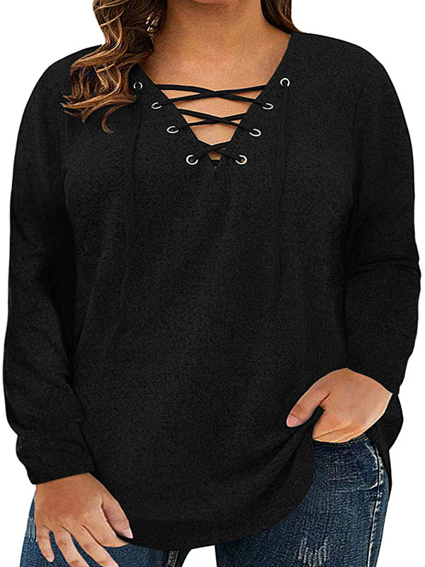 Women's Plus Size Long Sleeve Top V Neck Tie Crossover T-Shirt