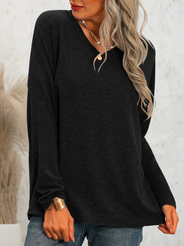 Women Casual Loose Long Sleeve Shirts V Neck Solid Tops Pullover Sweatshirts