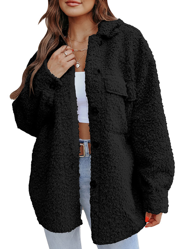 Women Casual Sherpa Fleece Jacket Long Sleeve Button Solid Fuzzy Fleece Outwear Coat