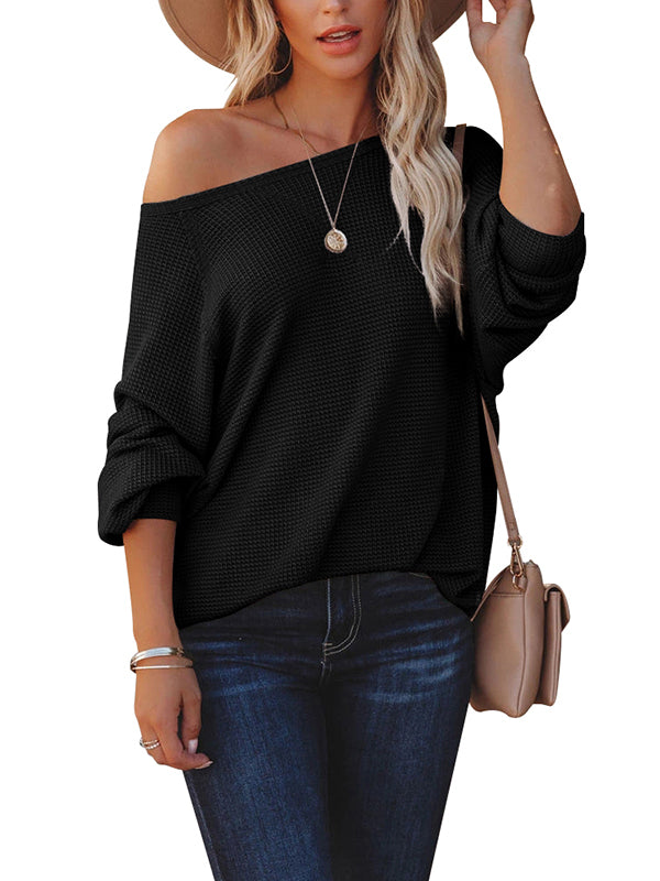 Women Waffle Knit Loose Off Shoulder Long Sleeve Sweater Pullover Tops