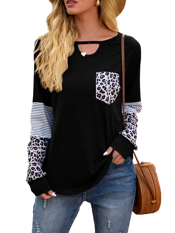 Womens Long Sleeve Cut Crewneck Sweatshirt Leopard Splicing Loose Pullover Tops