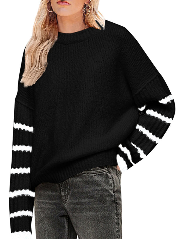 Womens Crewneck Long Stripe Sleeve Knit Loose Pullover Sweater