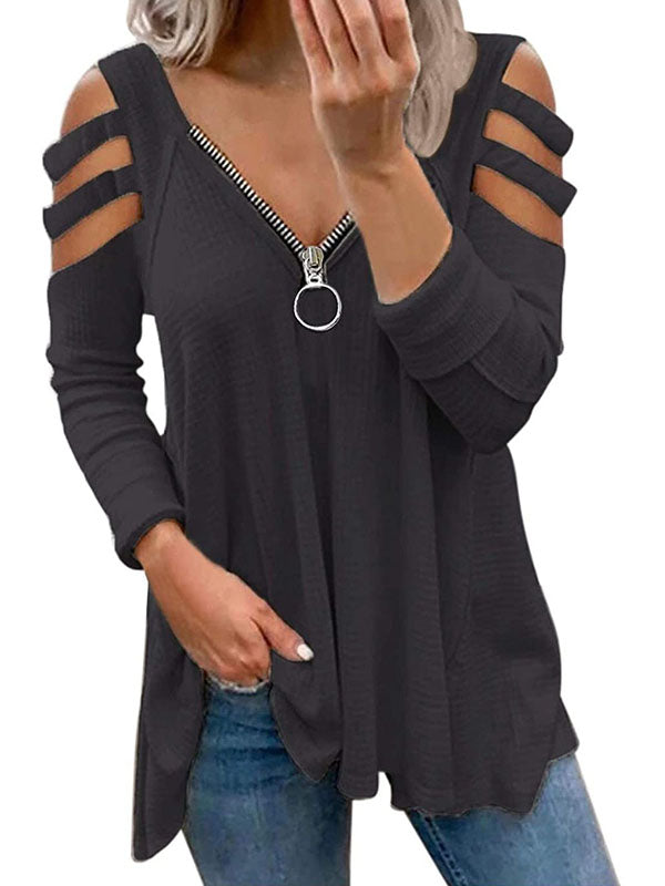 Women Long Sleeve Cut Out Cold Shoulder Tops Deep V Neck T Shirts