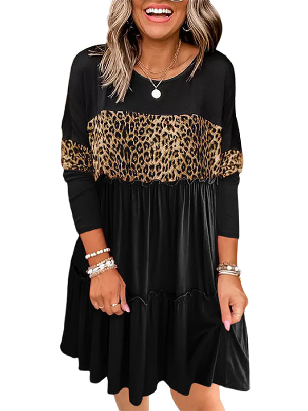 Women Casual Crewneck Dress Leopard Printing Long Sleeve Loose Ruffled Midi Dress