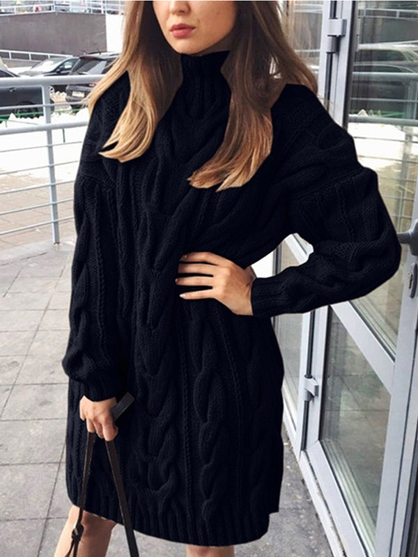 Women Turtleneck Sweater Dress Long Sleeve Chunky Cable Knit Pullover Sweater Dress