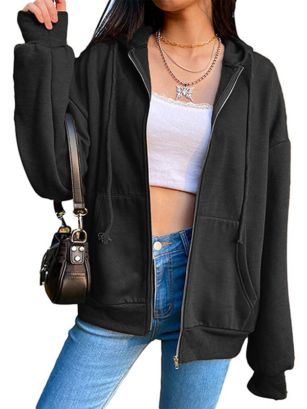 Women Full Zip Up Hoodie Comfy Solid Sweatshirt Long Sleeve Jacket