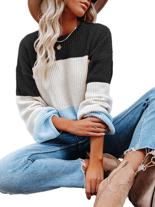 Women Long Sleeve Crewneck Color Block Casual Loose Knitted Pullover Sweater Tops