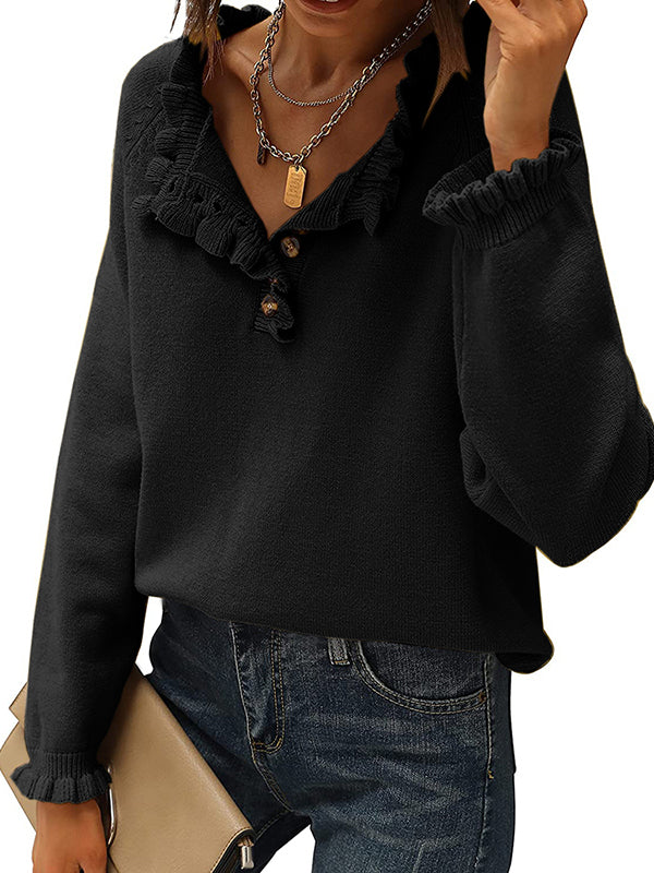 Women Long Sleeve Sweaters Button Down Crew Neck Ruffle Knit Pullover Tops