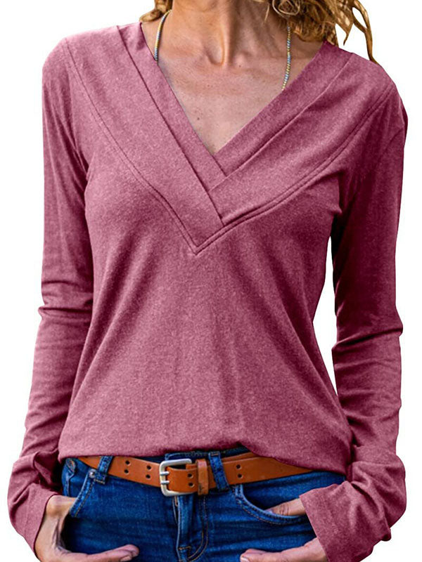 Womens Long Sleeve Loose Tops Deep V Neck Shirts T-Shirts