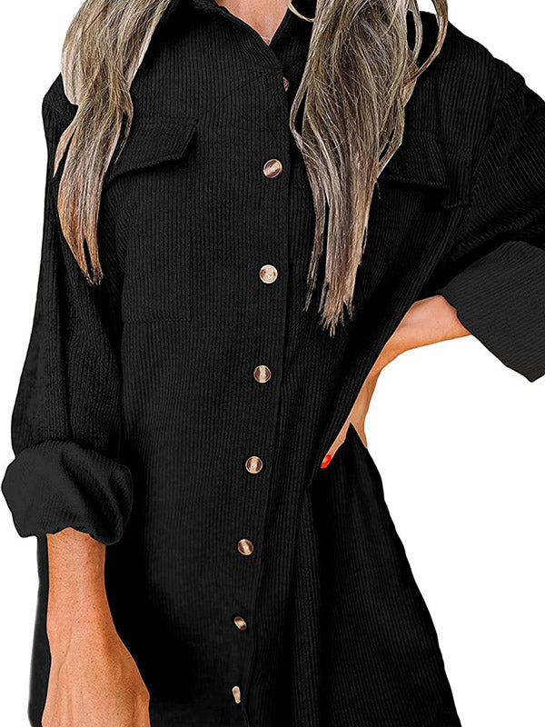 Women Solid Jacket Shirts Lapel Long Sleeve Pocket Oversized Button Down Shirt Dress